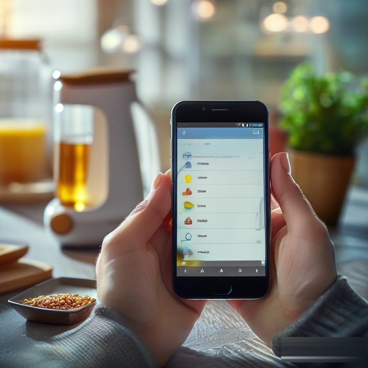 Hands holding a smartphone with Wi-Fi settings next to a pet feeder